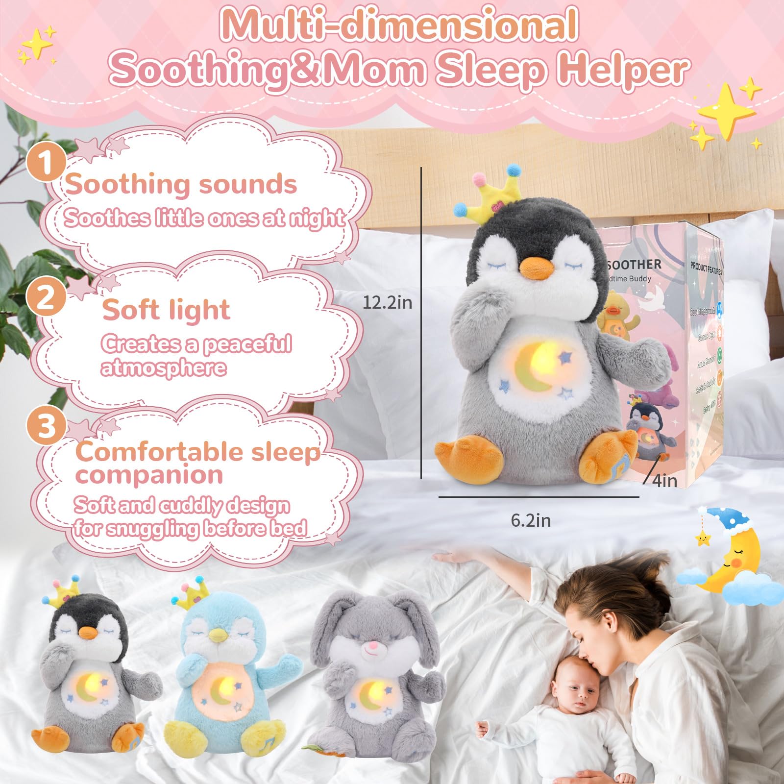 Breathing Stuffed Animal, Soothe Snuggle Penguin Plush for Anxiety Adults and Kids, Volume Control, Machine Washable, Sleep Buddy Soothing Penguin with Realistic Breathing and Lights Music, 4 Modes