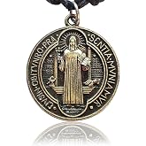 Bijoux de Ja Antique Bronze Saint Benedict of Nursia Medal Pendant Necklace | Adjustable Waxed Cord Length 16-30", Religious Catholic Charm