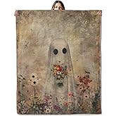 Cute Ghost with Flowers Throw Blanket for Girls Boys Kids Adults, 50x60 in, Cozy Flannel Blanket for Bedroom, Camping, Couch, Room Decor, Fuzzy Warm Soft Gifts