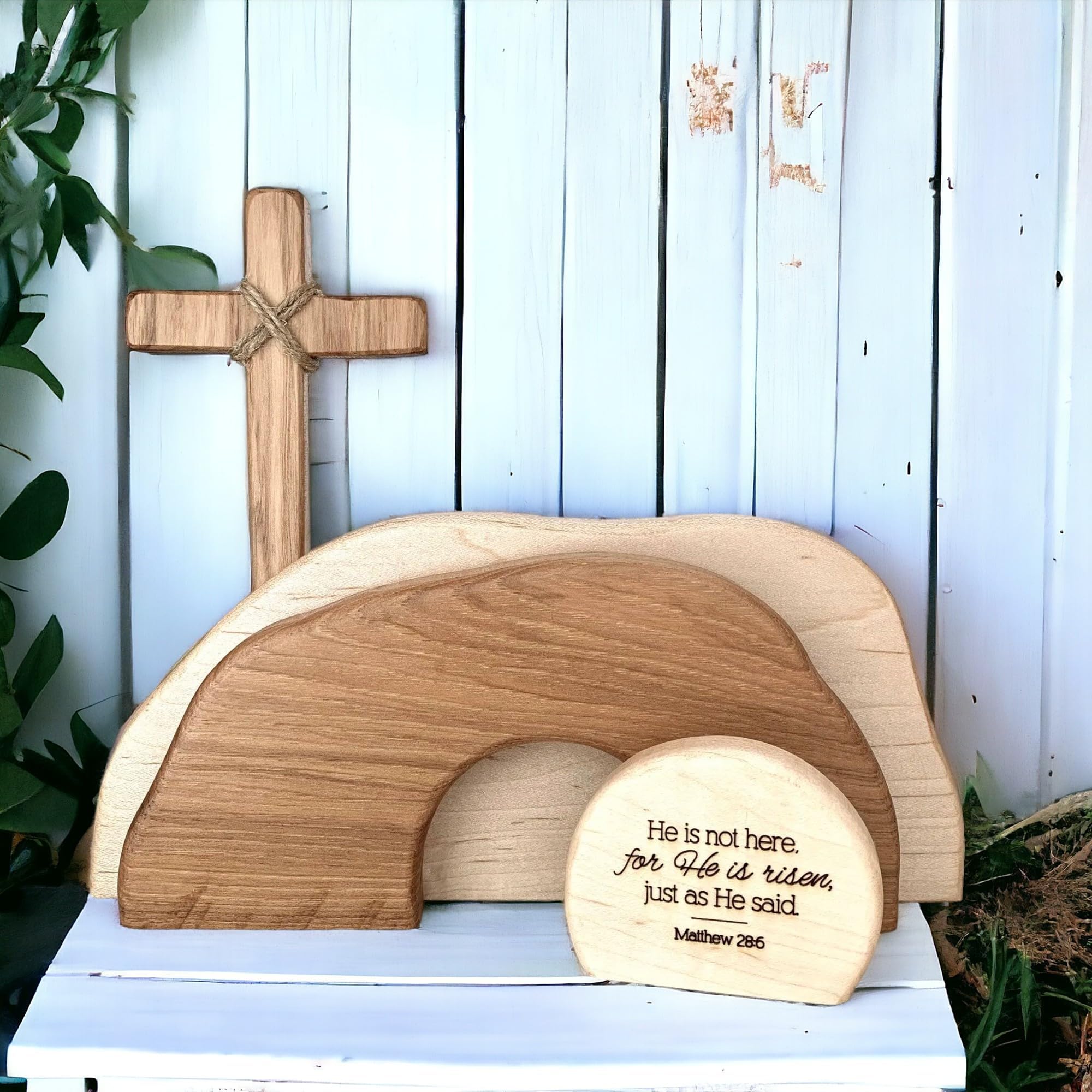 Photo 1 of 2024 New Empty Tomb Easter Decor Easter Resurrection Scene and Cross Decoration Set, He is Risen and He is not here Wooden Jesus Sign Tomb Easter Tray Easter Tray Decor for Home Tabletop Office (A)