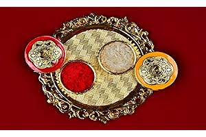 LUXCKY Golden Decorative Designer Roli Chawal/Rice Holder, Kumkum Haldi Holder Rakhi Pooja Thali Indian Festival Diwali Pujan Mandir Tika Roli Plate (Round Shape)