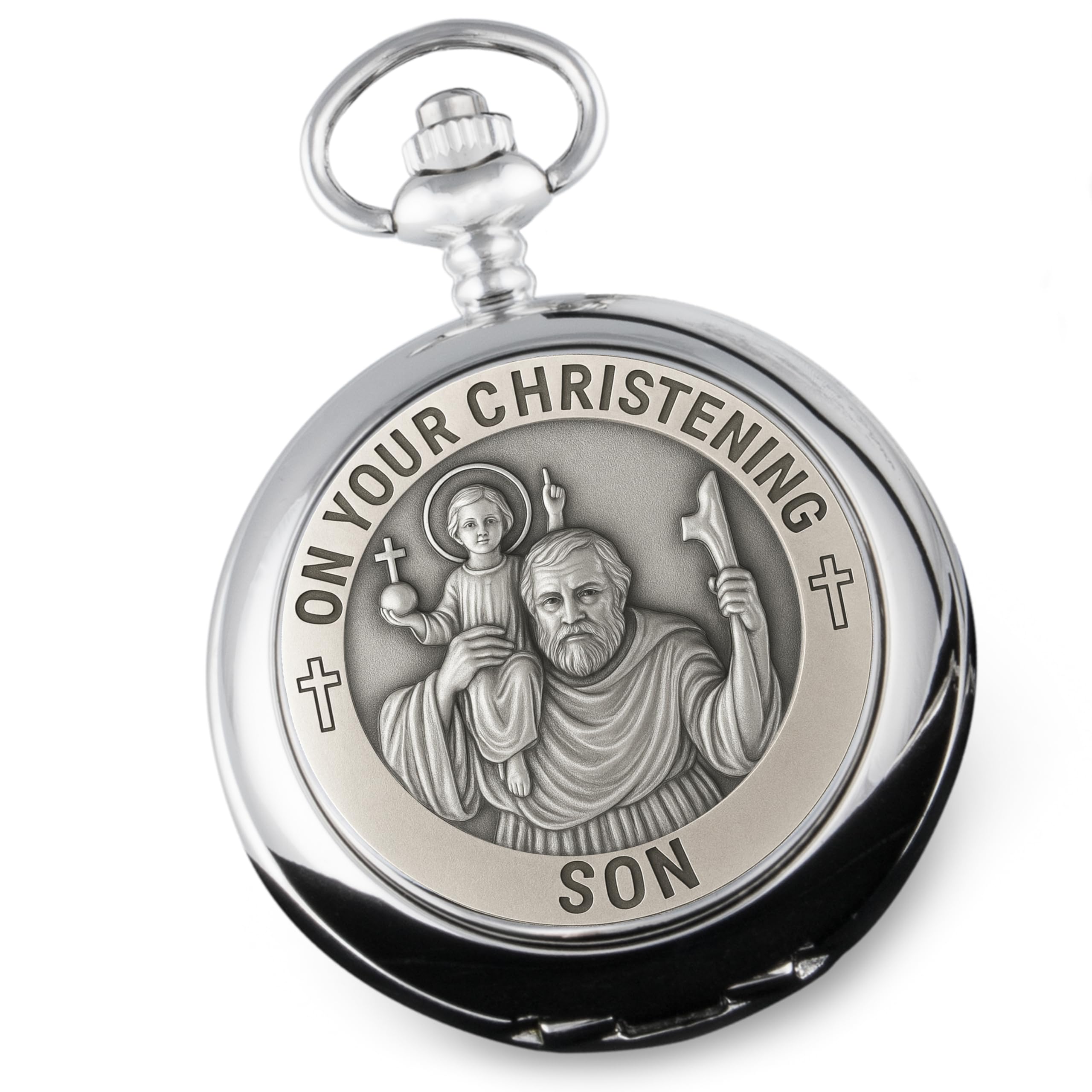 De Walden Son Christening St Christopher Pewter Front Pocket Watch Parent Gift