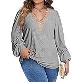 Eytino Womens Plus Size Tops Lantern Long Sleeve Lace V Neck Dressy Casual Blouse Loose Tunic Shirts(1X-5X)