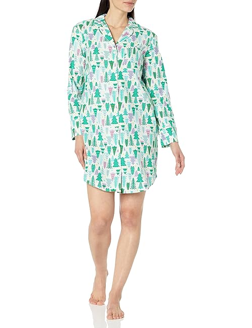 Amazon Essentials Women's Woven Flannel Notch Collar Nightgown (Available in Plus Size), Ecru Festive Tree, Large