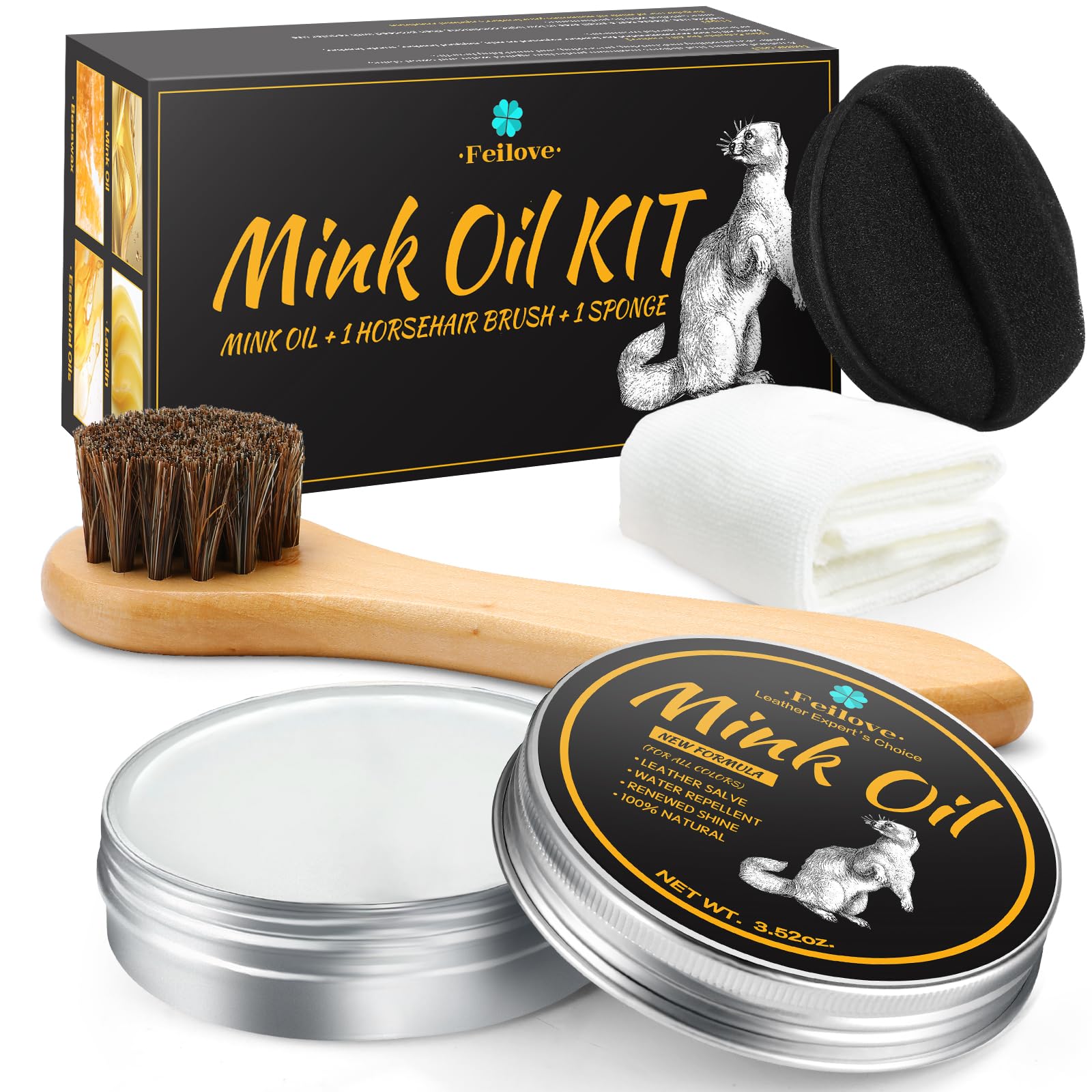 Feilove 4-in-1 Mink Oil Leather Conditioner and Cleaner 3.52 oz - Premium Waterproof Formula for Boots and Shoes