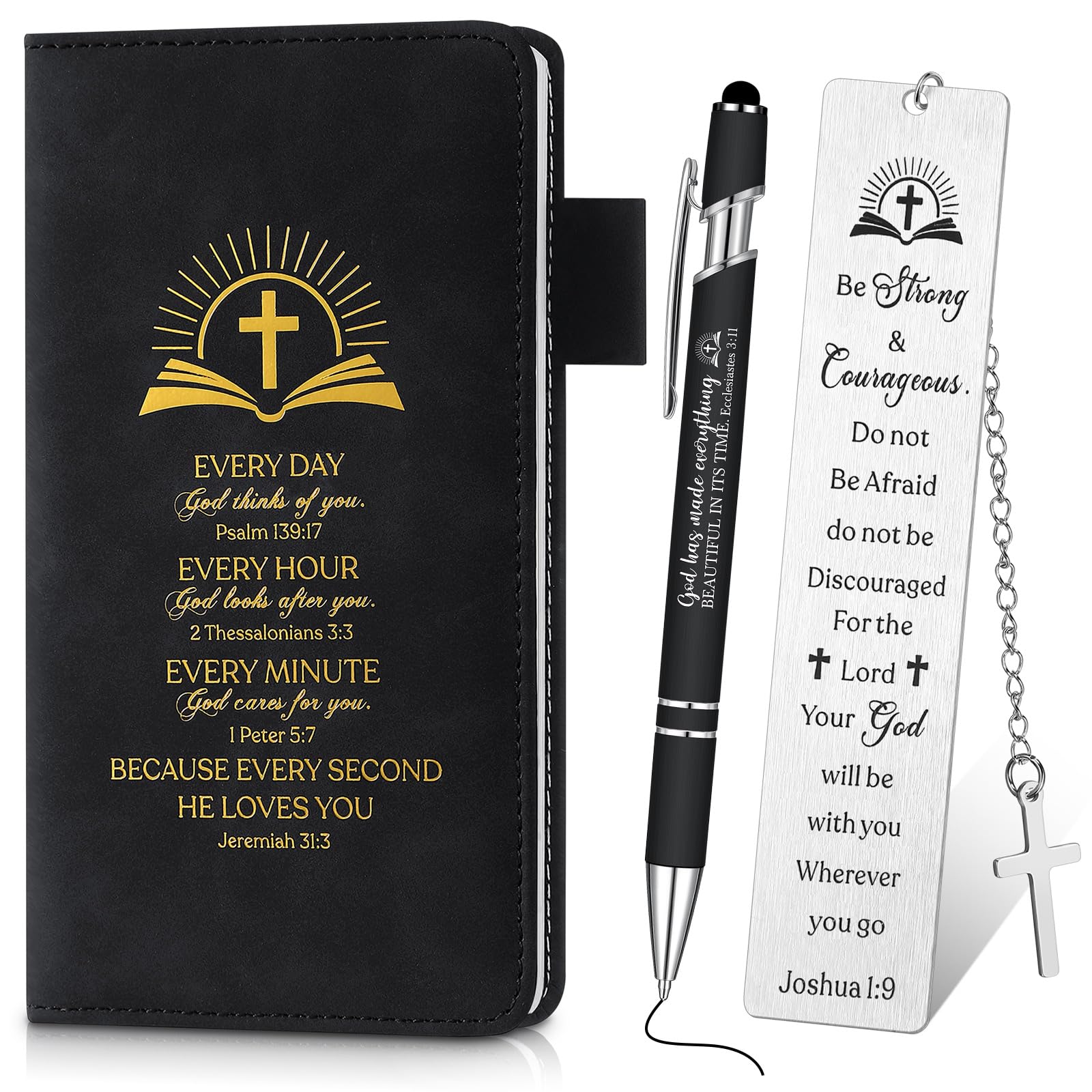 Sinmoe Set of 3 Christian Gift Includes Bible Leather Diary Notebook Inspirational Christian Bible Verse Ballpoint Pen Religious Scripture Bookmarks for Women Men Sunday School Church(Classic,Black)