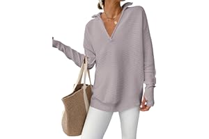 ANRABESS Womens Long Sleeve Quarter Zip Pullover Sweater Casual Loose V Neck Collared Ribbed Knit Jumper Tops Thumb Hole