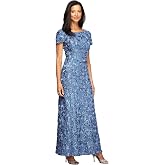 Alex Evenings Women's Long Rosette Mother of The Bride Dress with Short Sleeves