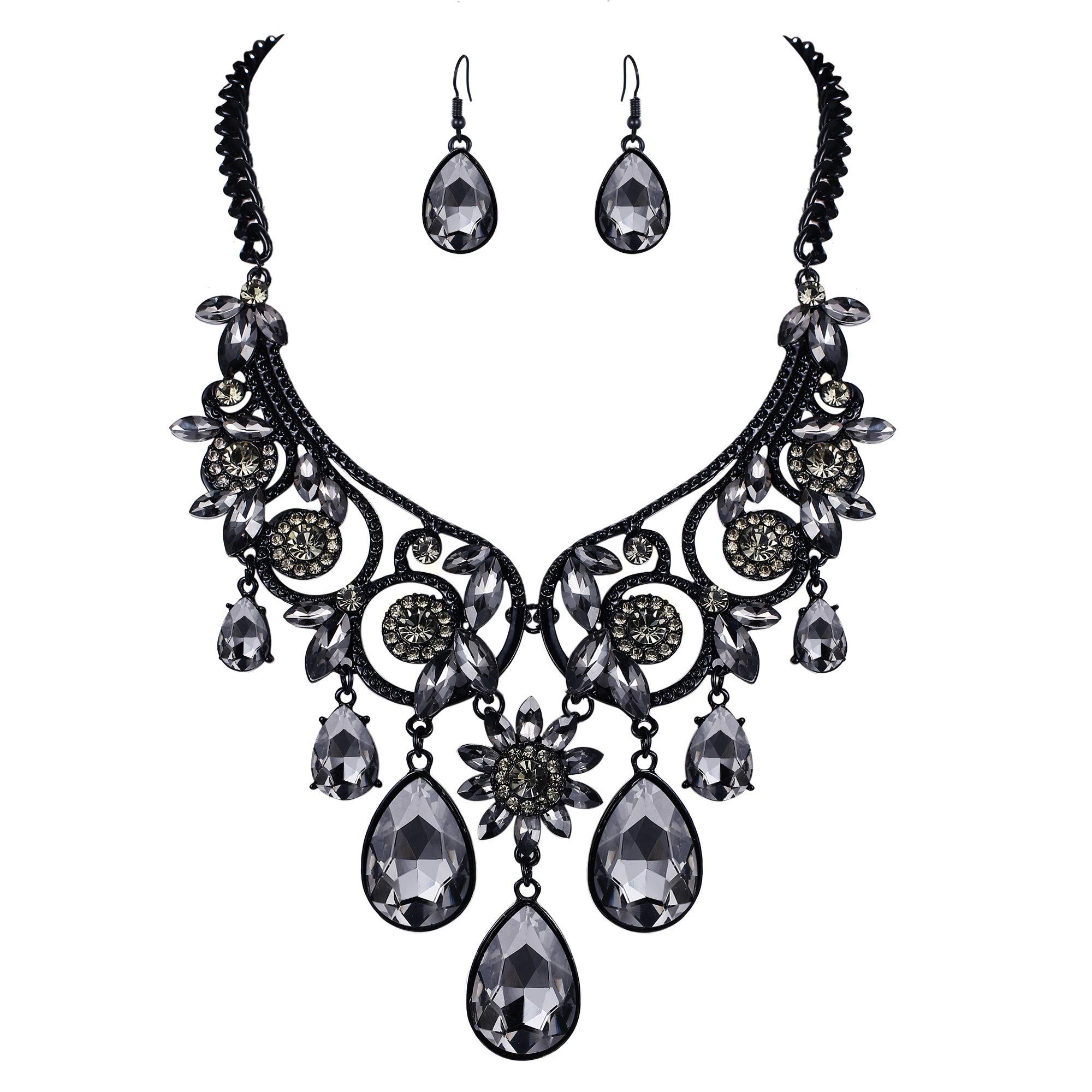 Clearine Halloween Jewellery Tribal Ethnic Diamante Crystal Wedding Bridal Costume Chunky Statement Necklace Dangle Earrings Set Grey Black-Tone — image 1