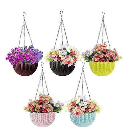 MOMS GADGETS,Multicolor Round Rattan Woven Plastic Flower Hanging Planter/Beautiful Round Gamla Pot/Flower Hanging Pot for Garden Balcony (Multicolor -Pack of 5)