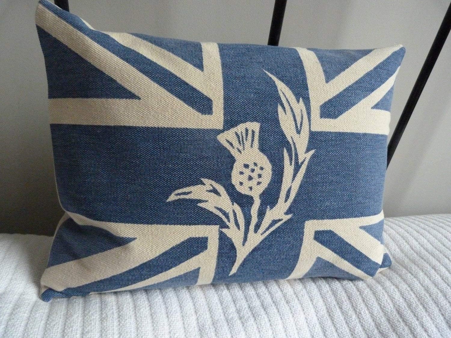 MurielJerome Hand Printed Royal Blue Scottish Thistle Union Jack Flag Cushion Cover