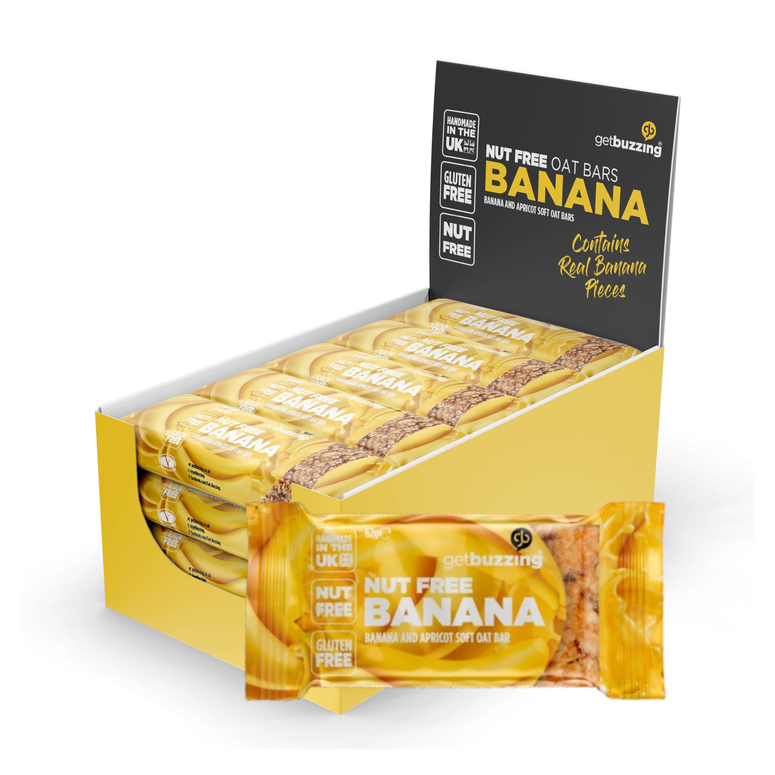 Getbuzzing Nut Free Oat Flapjack Bars with Nutrition Benefits – Gluten Free Healthy Endurance Snack with Natural Ingredients, High Fibre & School Safe – 20 x 62g Pack – Banana - Sports & Cycling