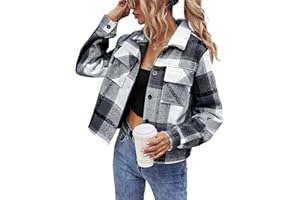 Binshre Womens Cropped Plaid Shacket Flannel Long Sleeve Button Down Jackets Coat for Women