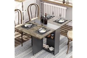 Tiptiper Folding Dining Table, Drop Leaf Dining Table with 6 Wheels and 2-Layer Storage Shelf, Space Saving Dining Table for Small Spaces, Chestnut and Gray