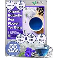 55 Premium Butterfly Pea Flowers Tea Bags, Organic, Pure, Non GMO, Made with Natural Corn Fiber Tea Bags, Made Of 100% Butter