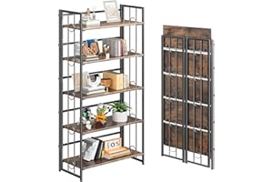 4NM No Assembly 5 Tiers Folding Bookshelf, 59.4" H Foldable Storage Shelves Vintage Bookcase Standing Racks Study Organizer Home Office - Rustic Brown Black