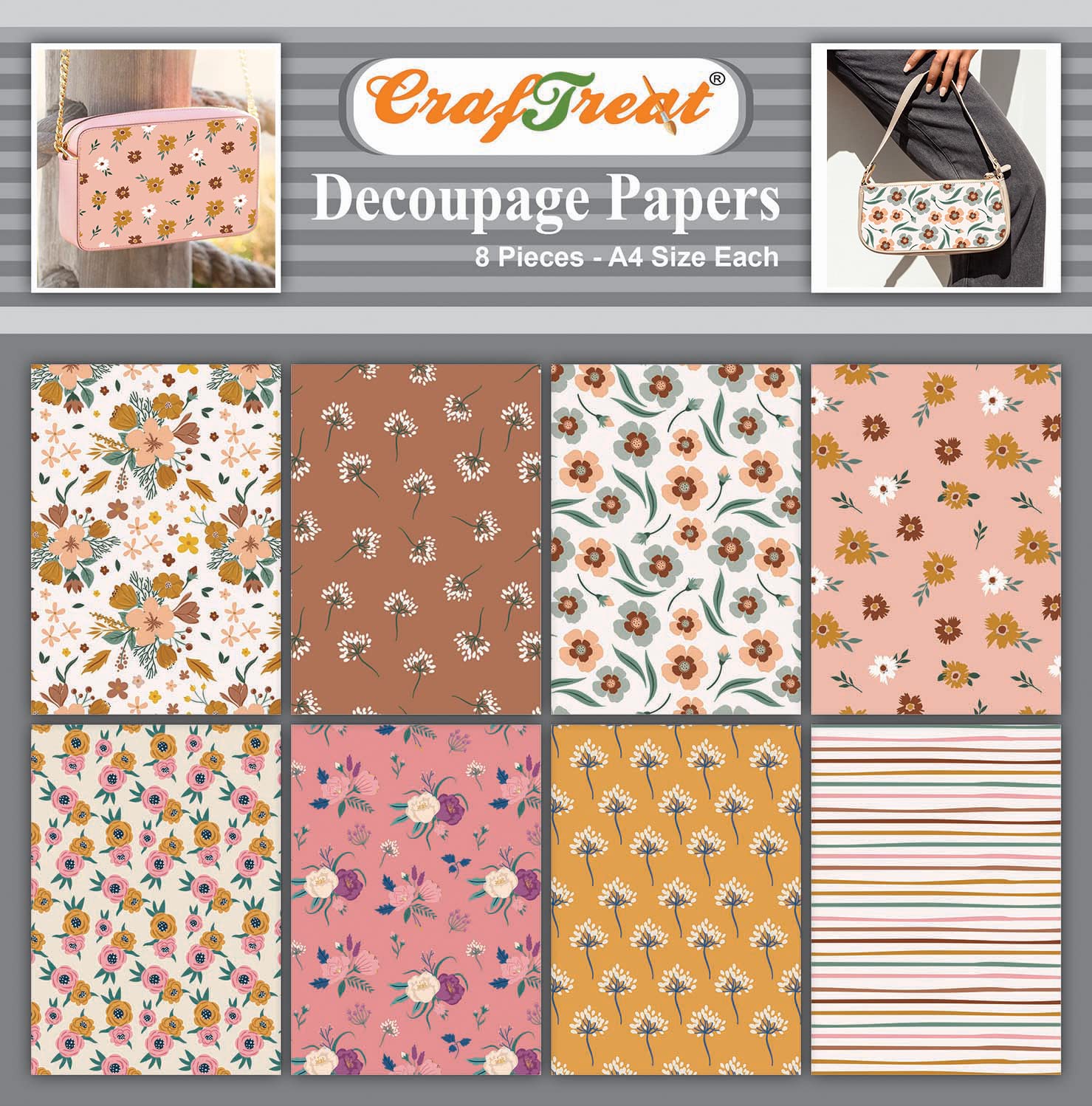 CrafTreat Reusable Floral decoupage Paper for Furniture - Fresh Florals 2 -Size: A4 (8.3 x 11.7 Inch) 8 Pcs -decoupage Paper Crafts-Decorative Paper for decoupage Paper Floral for Scrapbooking