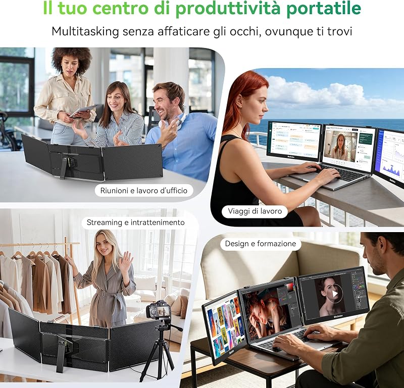 DCM5 Monitor Portatile per Laptop, Ultrasottile e Leggero,14″ FHD 1080P Ultra Triplo Schermo PC Portatile, Plug & Play, Adatto da 13-17″,compatibile con Smartphone, PC, Mac, PS5, Xbox