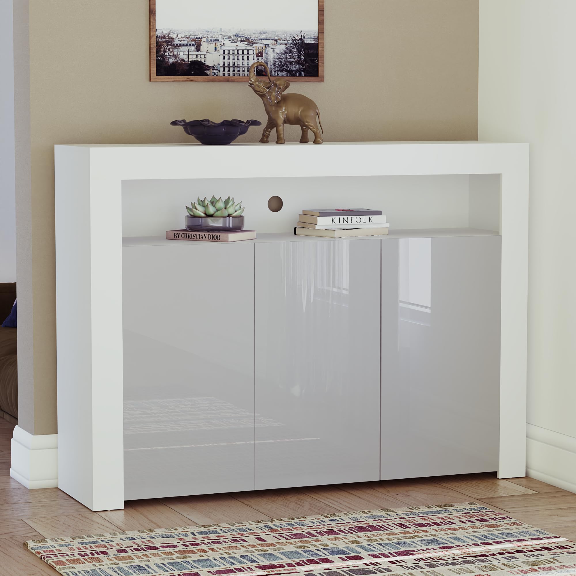 Vida Designs Nova 3 Door Modern LED Sideboard in White & Grey, RGB Lights (Fade/Strobe Options Included), High Gloss