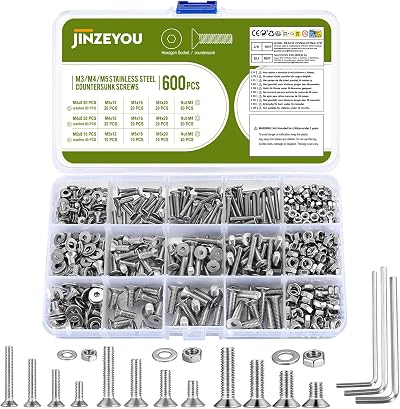 JinZeYou Stainless Steel Hex Socket Countersunk Bolts Nuts Washers Set 600 Pcs