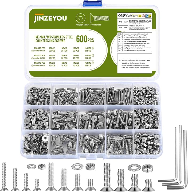 JinZeYou Stainless Steel Hex Socket Countersunk Bolts Nuts Washers Set 600 Pcs