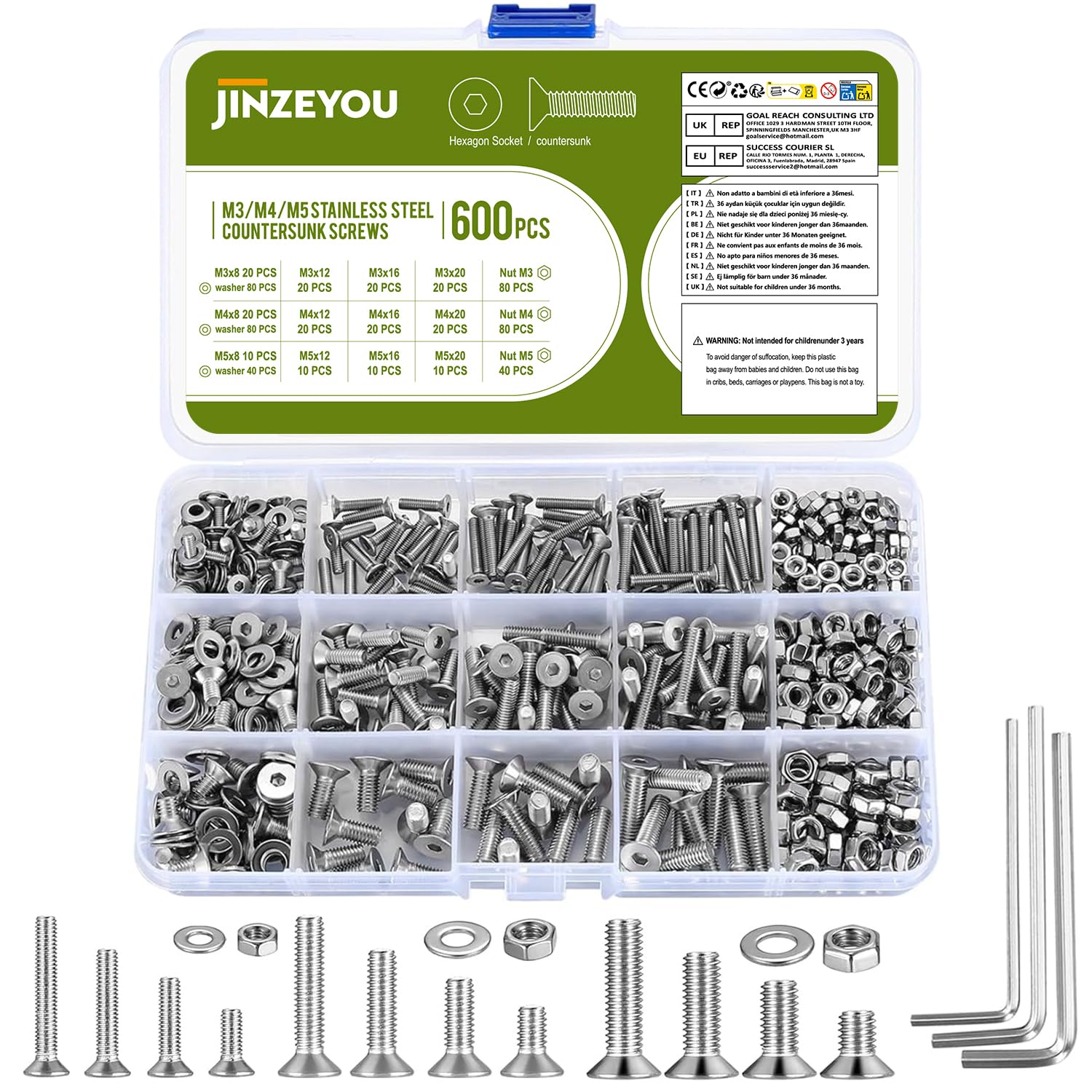 Countersunk Head Bolts and Nuts and Washers Set, 600 Pcs M3 M4 M5 Flat Head Hex Socket Head Cap Machine Screws Nuts and Bolts Kit, Stainless Steel Allen Head Machine Screws Fastener — image 1