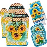 PXIYOU Oven Mitts and Pot Holders 6pcs Set, Sunflower 2 Dish Towels 2 Farmhouse Cooking Mittens Oven Glove 2 Potholder Heat Resistant BBQ Gloves for Kitchen Baking Cooking Grilling Microwave