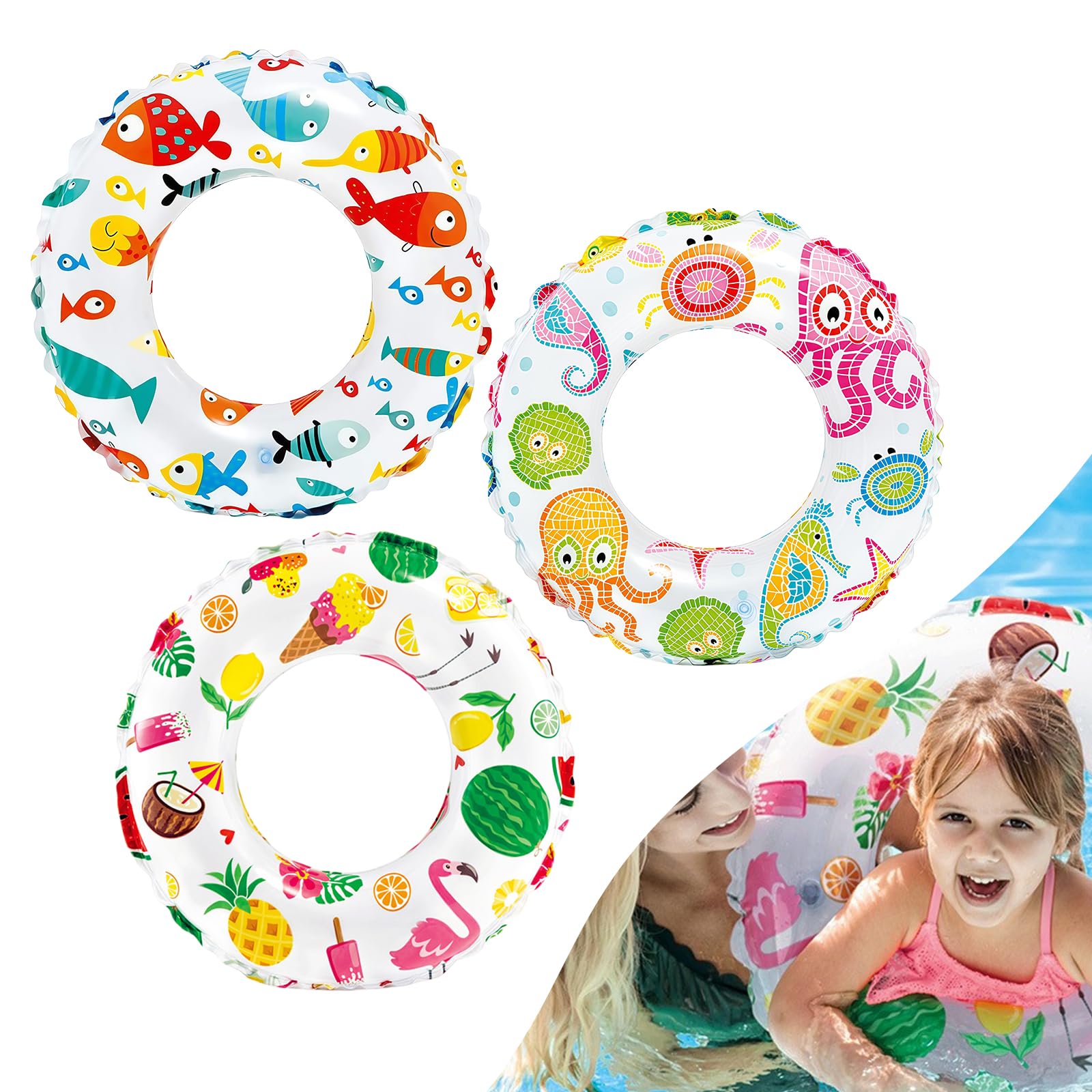 YAAVAAW Inflatable Rubber Ring Pool Toys for Kids,3pcs 61cm Fruit Swimming Ring Inflatable Pool Float,Swim Ring Floaties Pool Inflatables for Kids Girls Boys Swimming Pool Summer Beach Water Party Toy — image 1