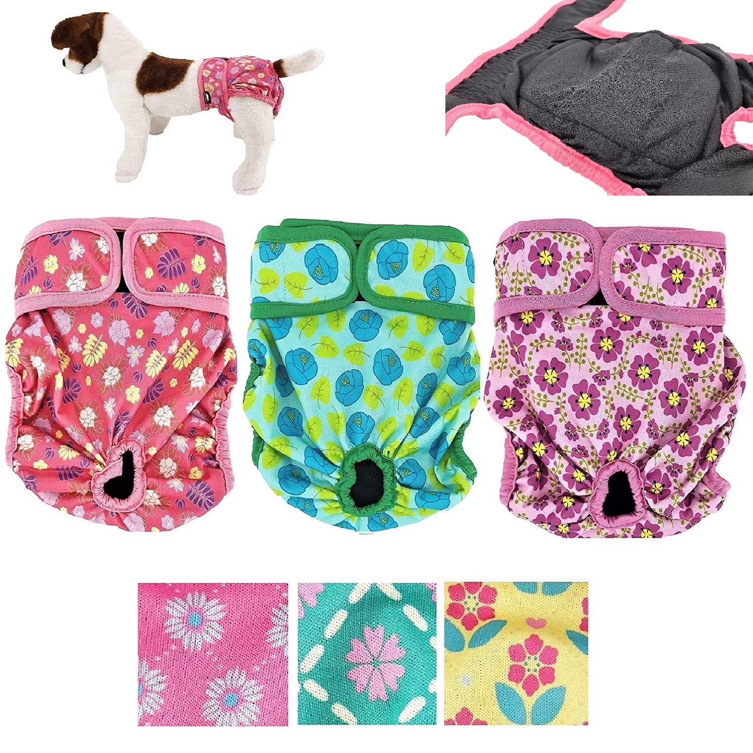 Pack of 3 Female Dog Diapers with 4 - Layers of Absorbent Pads Cat Panties Waterproof Leak Proof Washable (L: Waist 20" - 26", Flowers Pattern)