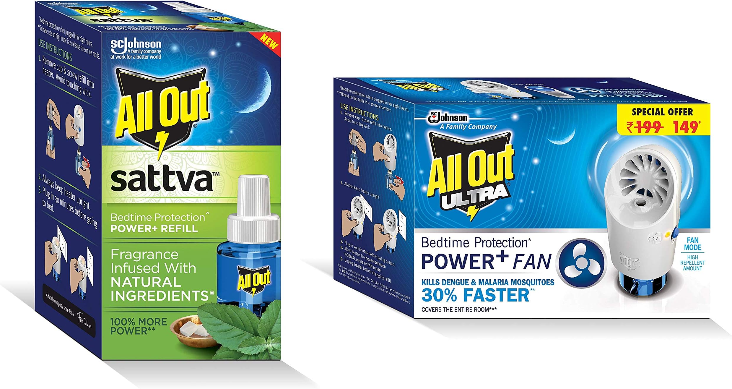 All Out Ultra Power+ Fan (Machine Plus Refill) & All Out Sattva (Single Refill)
