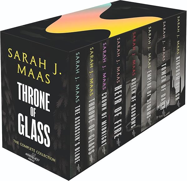 THE COMPLETE THRONE OF GLASS PAPERBACK 8 BOOKS BOX SET BY MAAS THRONE OF GLASS, CROWN OF MIDNIGHT, HEIR OF FIRE, QUEEN OF SHADOWS, EMPIRE OF STORMS, TOWER OF DAWN, KINGDOM OF ASH, THE ASSASSIN’S BLADE