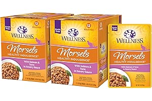 Wellness Healthly Indulgence Morsels Adult Wet Cat Food, Natural, Protein-Rich, Grain Free, 3 Ounce Pouch, 24 Pack, (Salmon & Tuna)