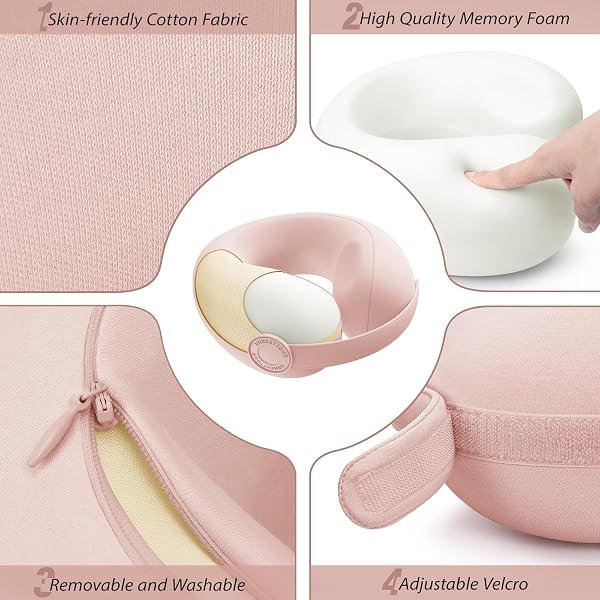 URNEXTTOUR CAR PILLOW FOR BIG KIDS TRAVEL NECK PILLOWS, MEMORY FOAM NECK SUPPORT TRAVELLING PILLOW WITH WASHABLE COTTON PILLOWCASES AND STORAGE BAG, FOR AIRPLANE, TRAIN, FLIGHT AND HOME USE PINK