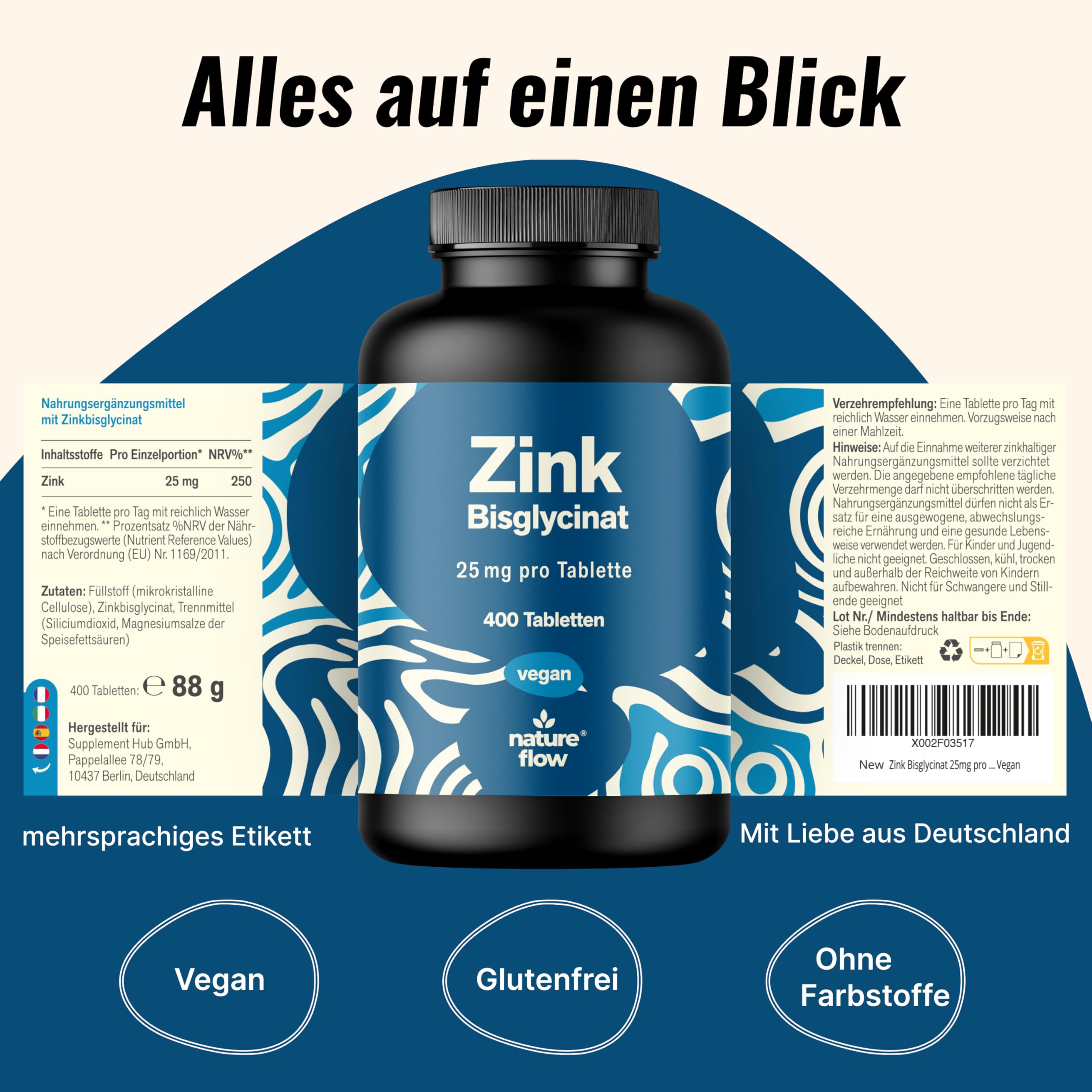 Zink Tabletten hochdosiert 25mg - 400 Tabletten hochdosiert mit Zink-Bisglycinat - Vegan und produziert in Deutschland - Laborgeprüft - Verpackung kann variieren 5
