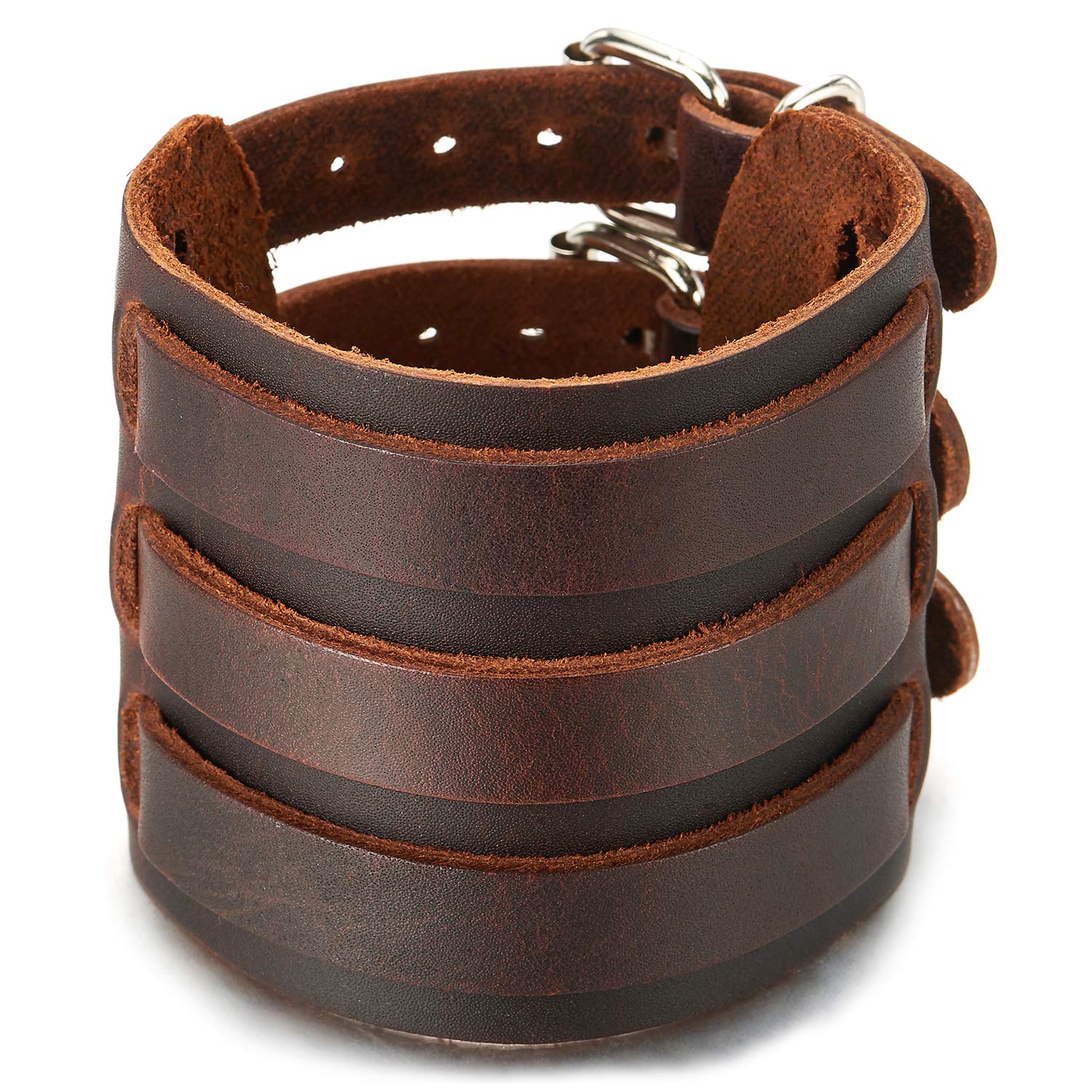 COOLSTEELANDBEYOND Extra Wide Mens Leather Bracelet Genuine Brown Leather Bangle with Three Buckle Clasps