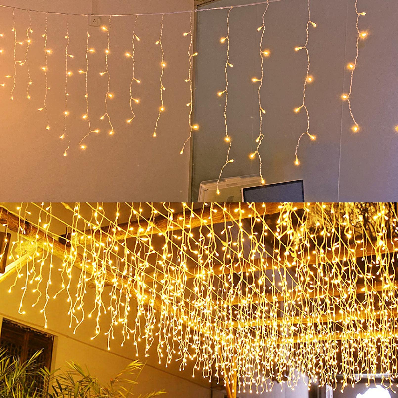Photo 1 of JIAMEIYI LED Icicle Lights, Curtain Fairy Hanging Lights String 8 Modes 13FT 96 LEDs Christmas Extendable Plug in Lights for Party Ceiling Balcony Patio Outdoor Indoor Decoration (Warm White, 4)