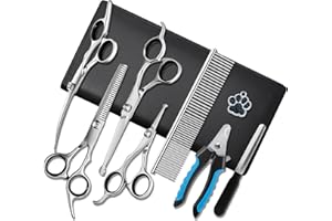 Yonihawk Dog Grooming Scissors, 8 in 1 Professional Dog Grooming Scissors Kit with Safety Round Tip, Titanium Coated Grooming Scissors for Dogs Cats Pets