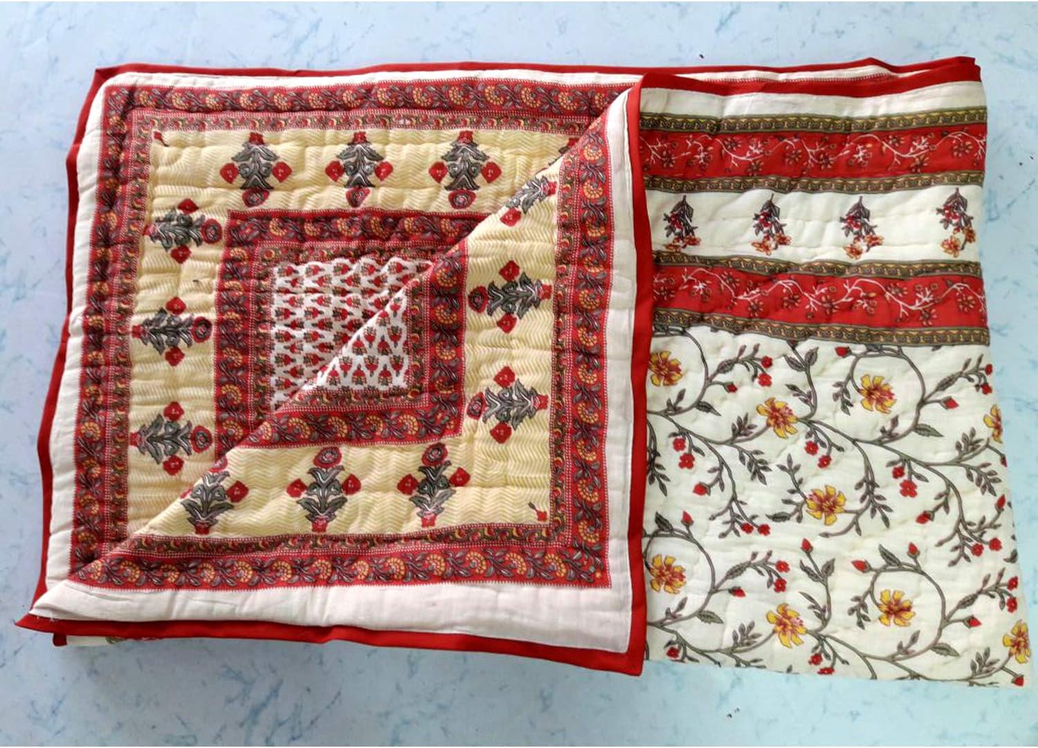 Marusthali Indian Quilt Floral Cotton Design Authentic Handmade Single Bed Jaipuri Razai (Sanganeri Quilt, Rajai) With Cotton Filling