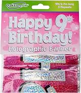 OakTree 9ft Banner Happy 9th Birthday Pink holographic Party Decor view 4