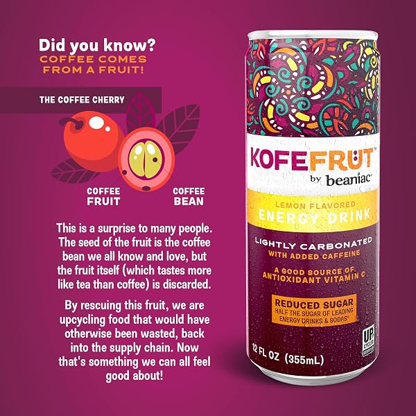 KOFEFRUT BY BEANIAC CAFFEINATED ENERGY DRINK, LEMON, LIGHTLY CARBONATED, REDUCED SUGAR, 80MG CAFFEINE, POLYPHENOLS, ANTIOXIDANTS, VITAMIN C, 12 FL OZ CAN (PACK OF 4)