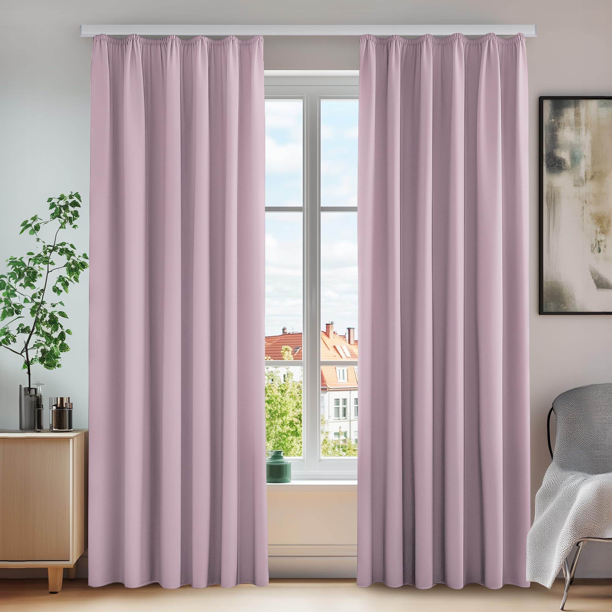 Deconovo Super Soft Blackout Pencil Pleat Curtains, Thermal Insulated, Baby Pink, W55 x L96 Inch, 2 Panels, Bedroom