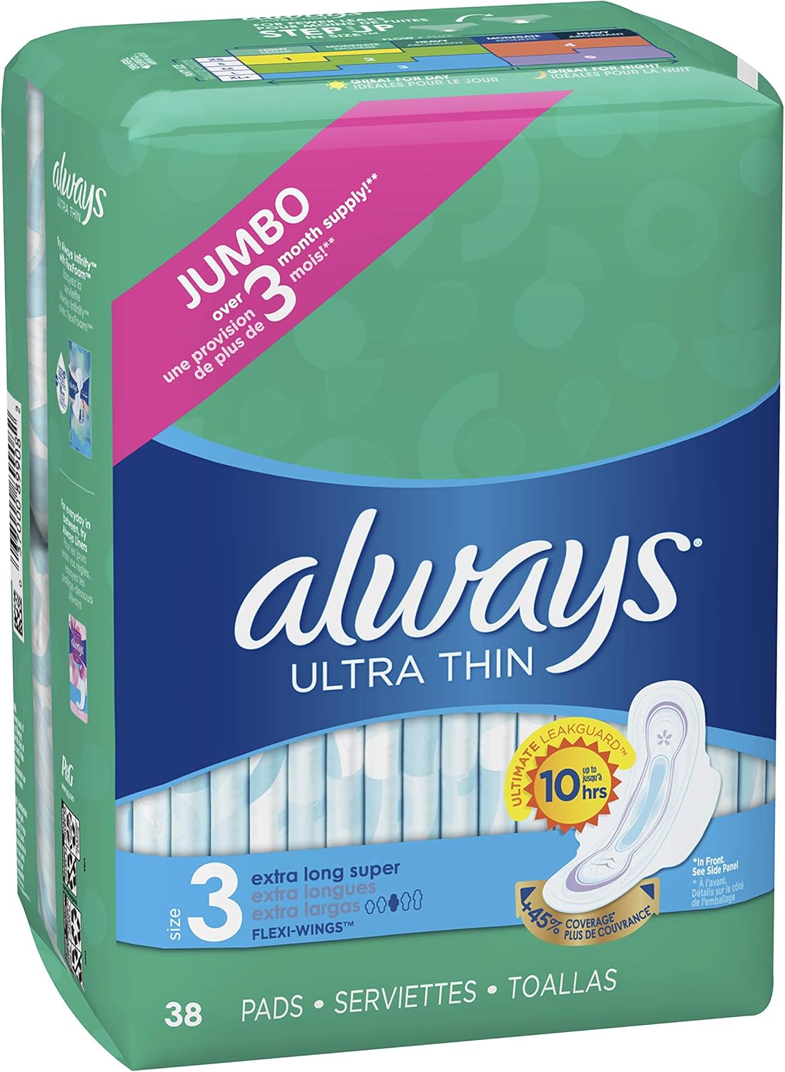 ALWAYS Ultra Thin Size 3 Extra Long Super Pads With Wings Unscented, 38 Count: Health & Personal Care
