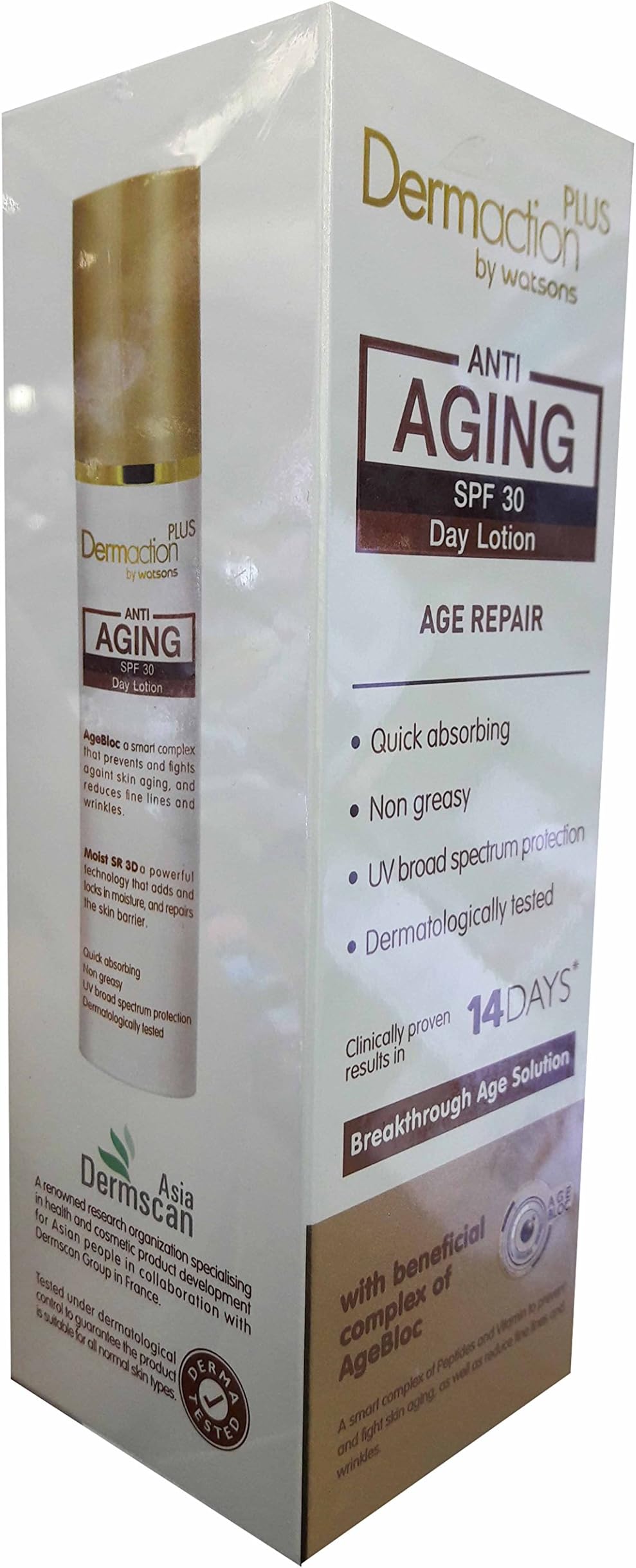 Dermaction Plus by Watsons Anti-Aging SPF 30 Day Lotion. Age Repair, Quick absorbing, Non greasy, UV broad spectrum protection, Dermatologically tested. (40 ml/ pack)..