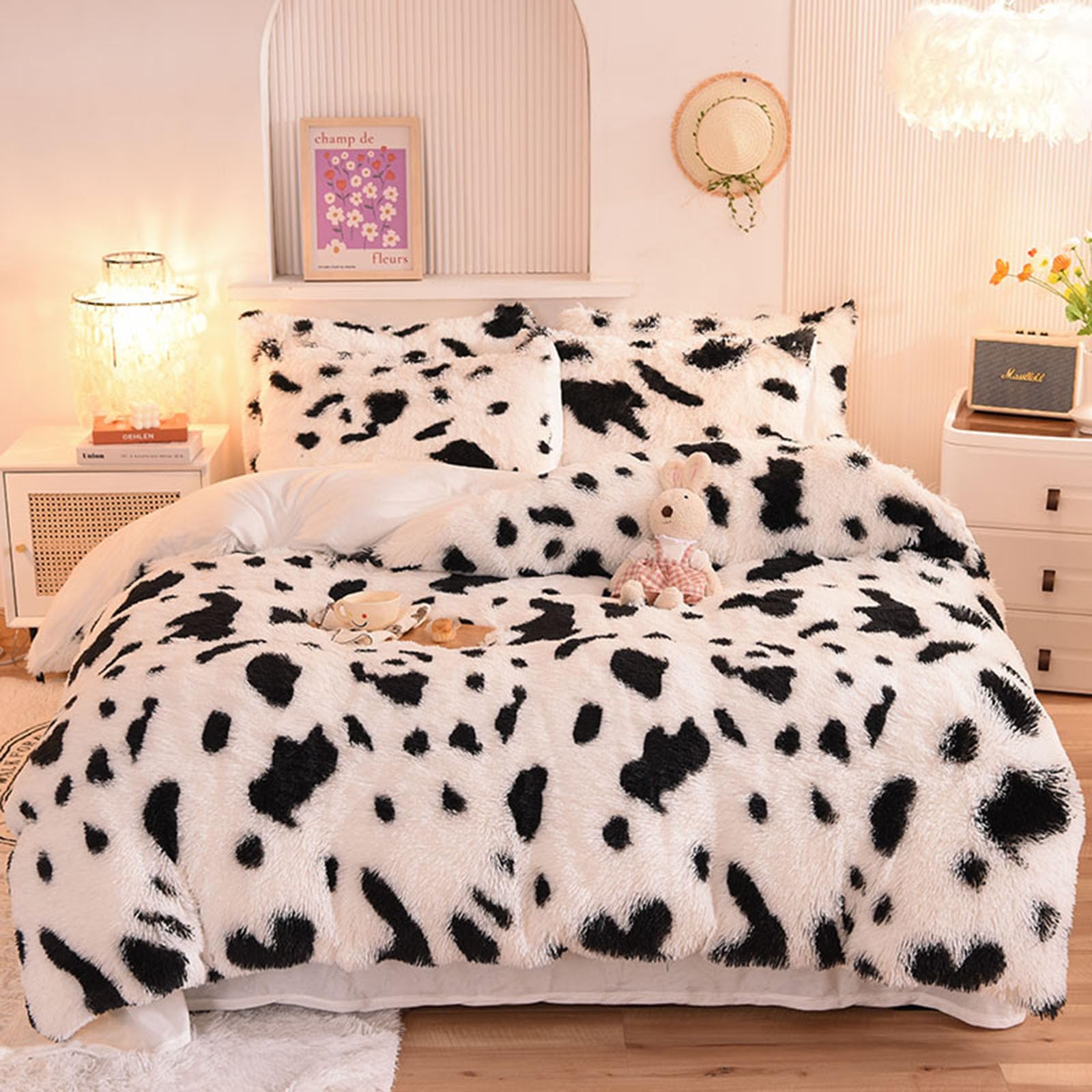 ZIQINPSQ Plush Shaggy Duvet Cover Set,Tie Dye Faux Fur Bedding Set for Teens Girls Soft Velvet Fluffy Fuzzy Comforter Cover Bed Set (Cow, Double)