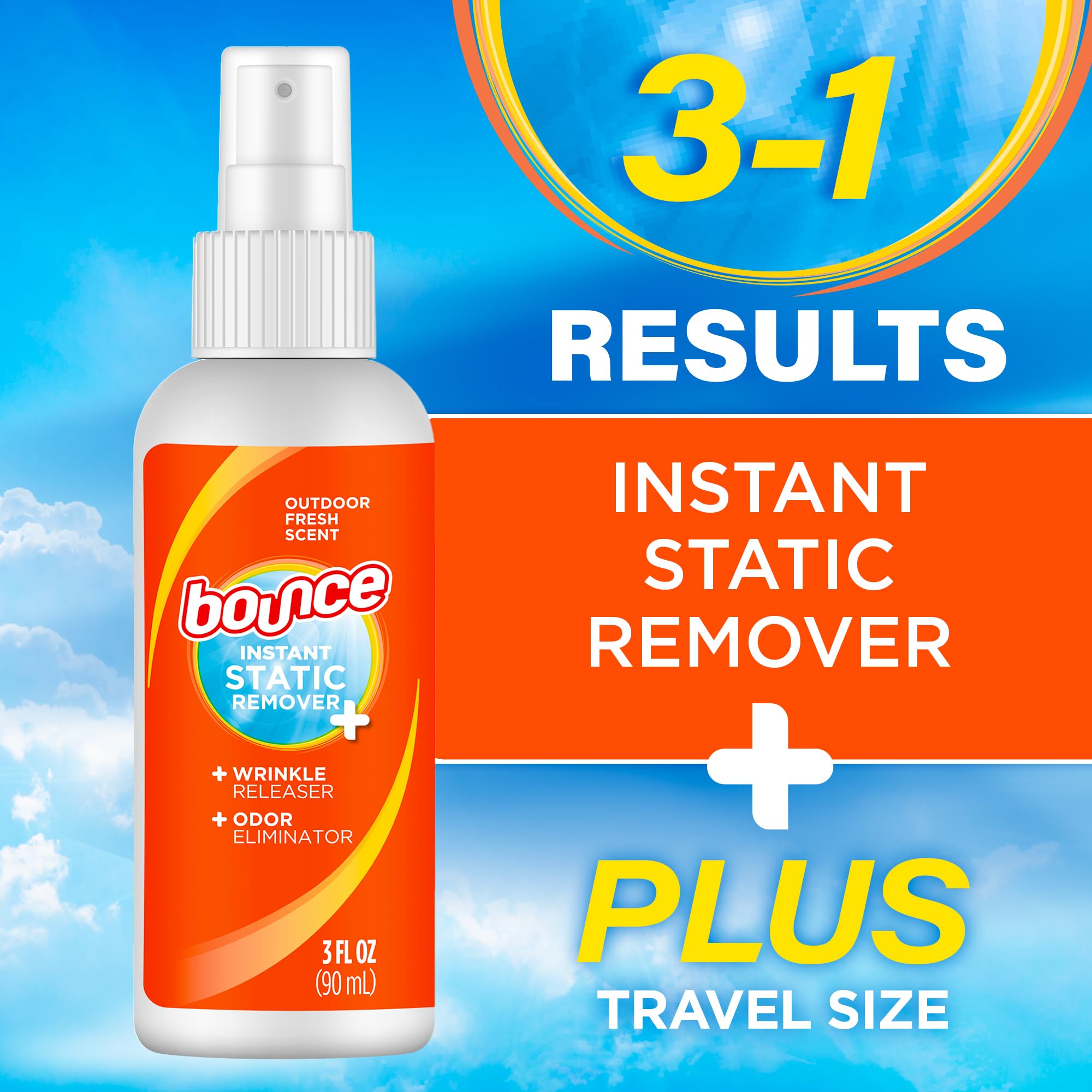 Bounce Anti Static Spray, 3 in 1 Anti Static & Instant Wrinkle Release, Odor Eliminator & Fabric Refresher, Rapid Touch Travel Spray (3 Oz, Pack of 1)