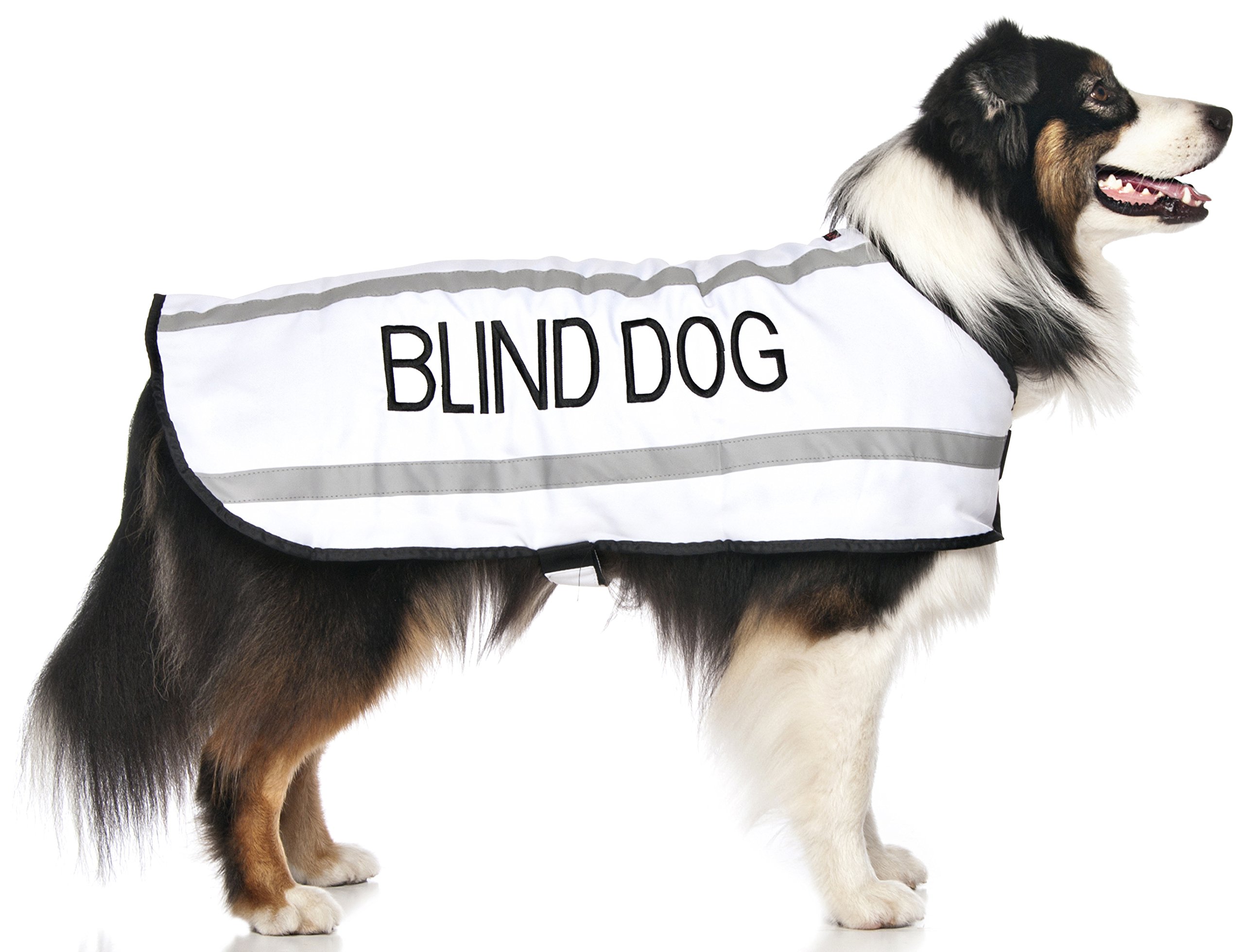 Dexil BLIND DOG (Dog Has Limited/No Sight) White Colour Coded S M L Reflective Waterproof Fleece Lined Warm Dog Coats PREVENTS Accidents By Warning Others Of Your Dog In Advance (L-XL)
