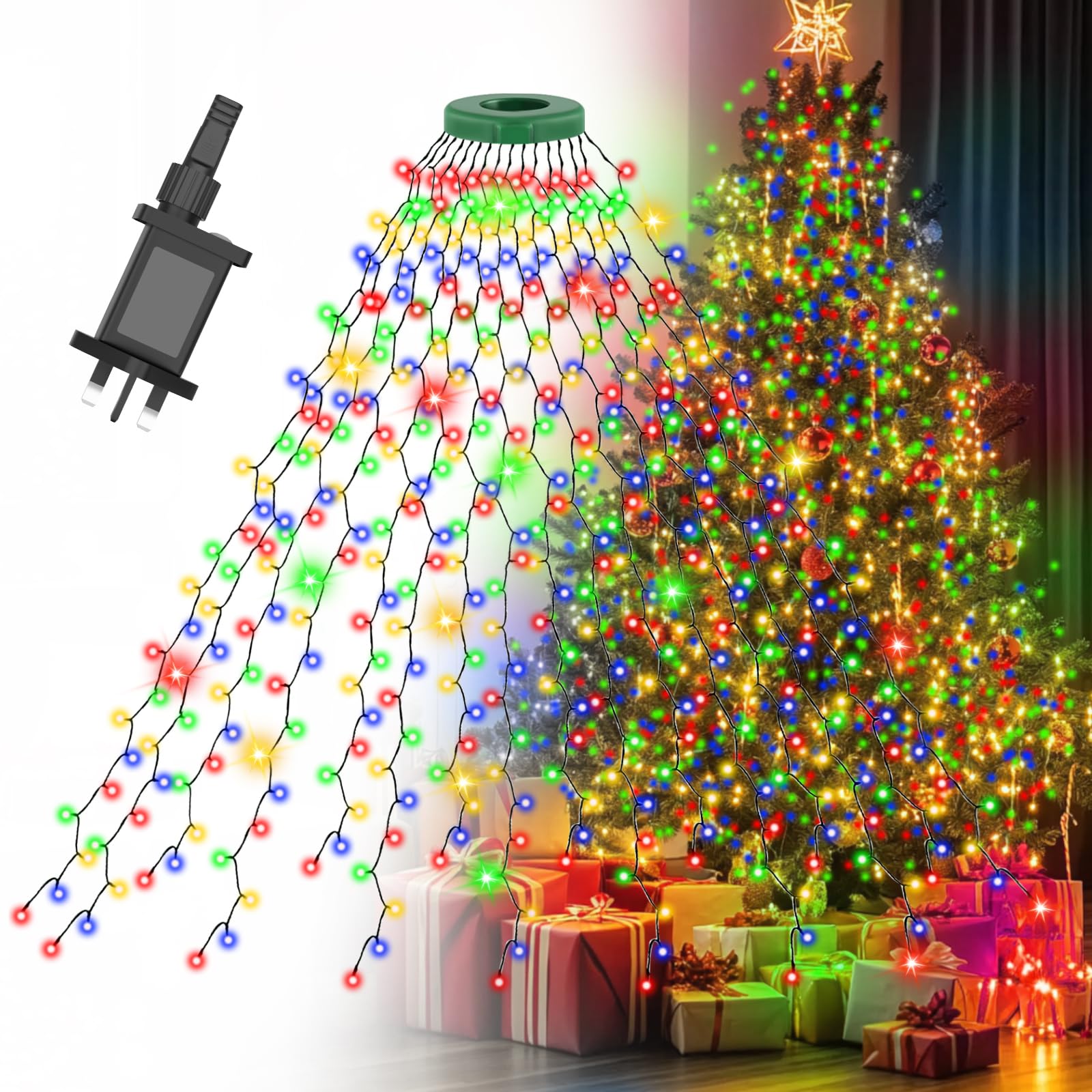 Gcstnn 10FT Christmas Tree Lights,3M x 16 Lines 592 LEDs Fairy Lights Mains Powered with 8 Lighting Modes& Memory& Timer& Waterproof String Lights for 5-12FT Christmas Tree Decorations-Multicolor