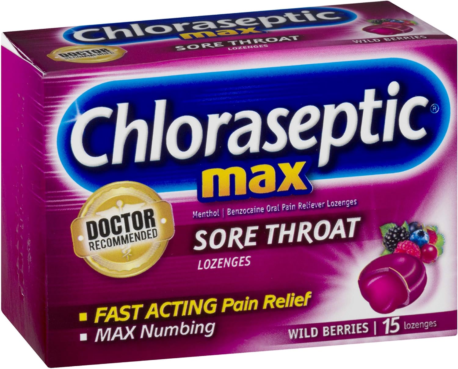 Chloraseptic Max Strength Sore Throat Lozenges, Wild Berries Flavor, 15 CT, 4 Pack: Health & Personal Care