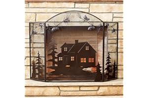 BLACK FOREST DECOR Black Forest Décor Cabin Scene Fireplace Screen – Pine Tree Metal Mesh Panel – 44.5" x 31.5"