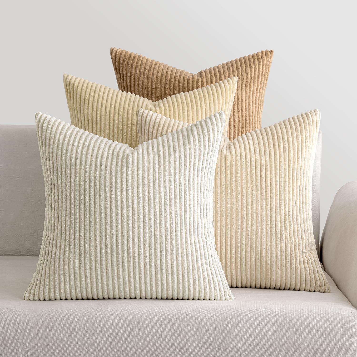 MIULEE Corduroy Cushion Covers Soft Decorative Square Throw Pillow Covers for Spring Cushion Soft Pillowcase Striped Corduroy Cushion Covers Pack of four for Home decor Sofa 16x16 Inch Beige Camel